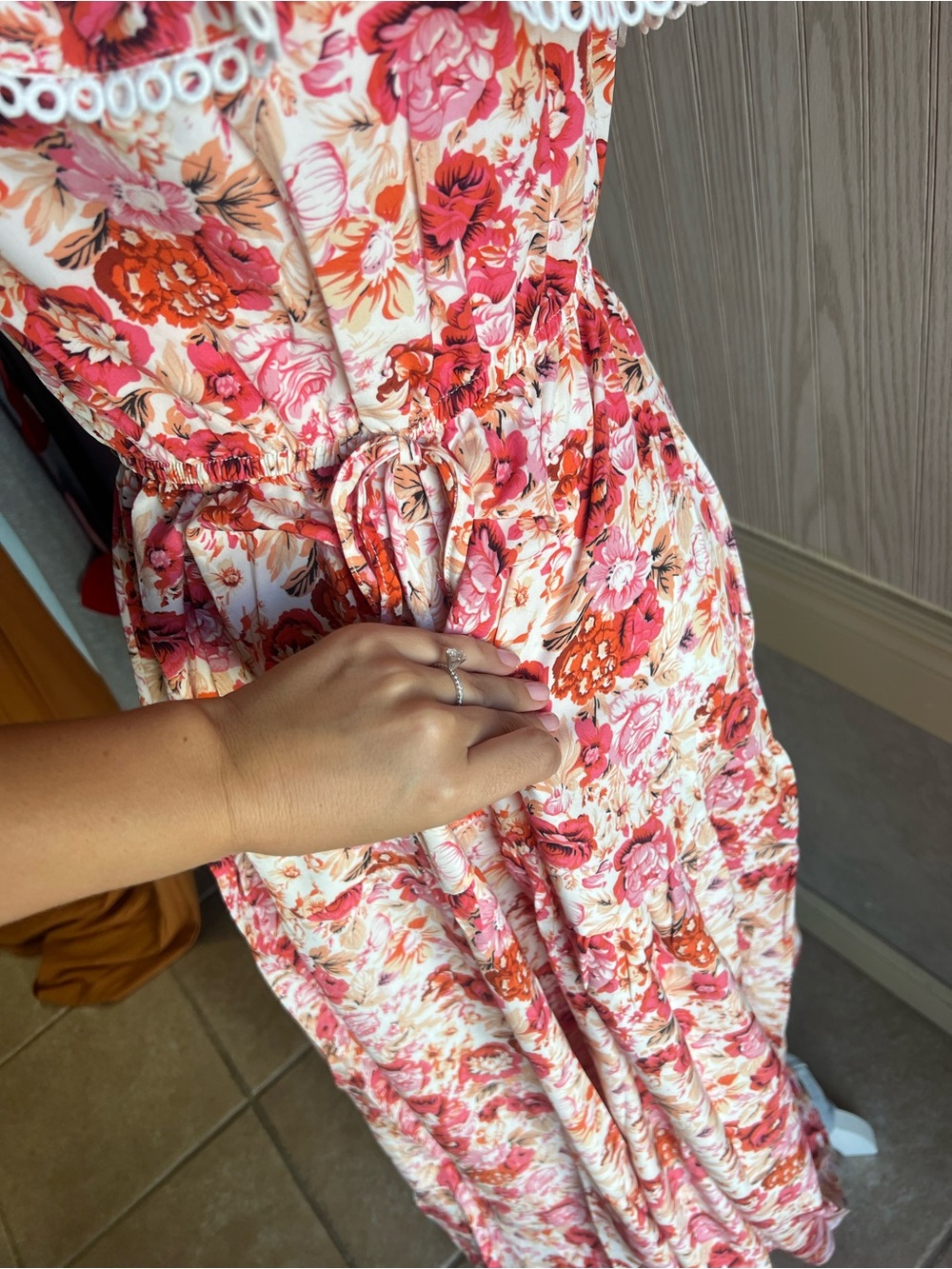 Off-Shoulder Floral Maxi Dress in Coral Pink Print - Picture 7 of 9